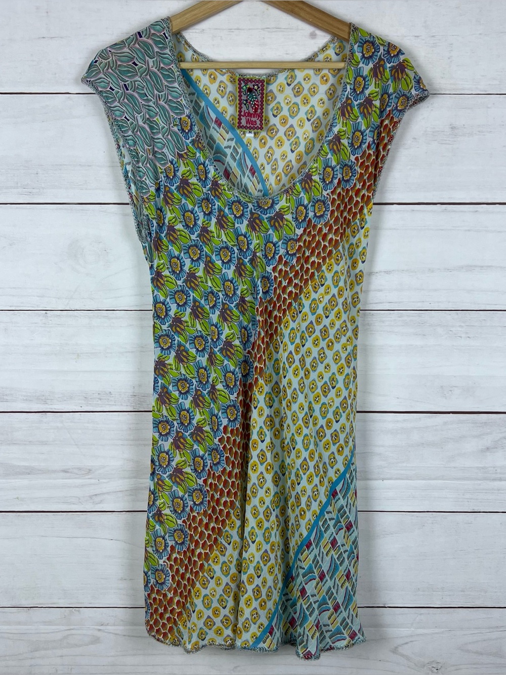 JOHNNY WAS FLORAL PATCHWORK BOHO BLOUSE LONG TUNIC RARE MEDIUM $225